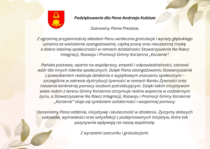 podziękowania dla Andrzeja Kubisza