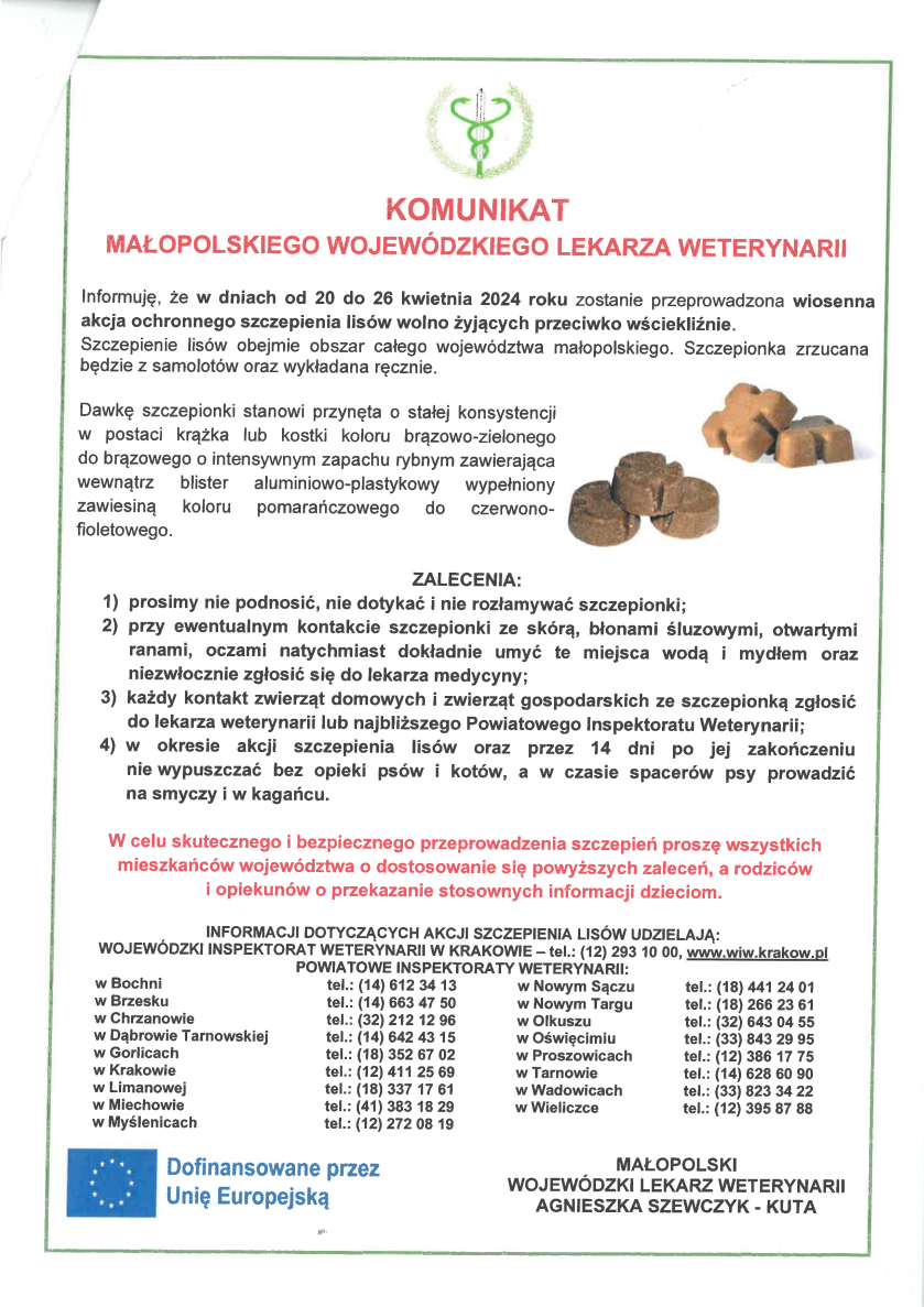 Komunikat Małopolskiego Wojewódzkiego Lekarza Weterynarii dotyczący wiosennej akcji ochronnego szczepienia lisów wolno żyjących przeciwko wściekliźnie