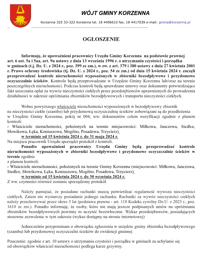 Ogłoszenie o kontrolach nieruchomości wyposażonych w zbiorniki bezodpływowe i przydomowe oczyszczalnie ścieków w Gminie Korzenna