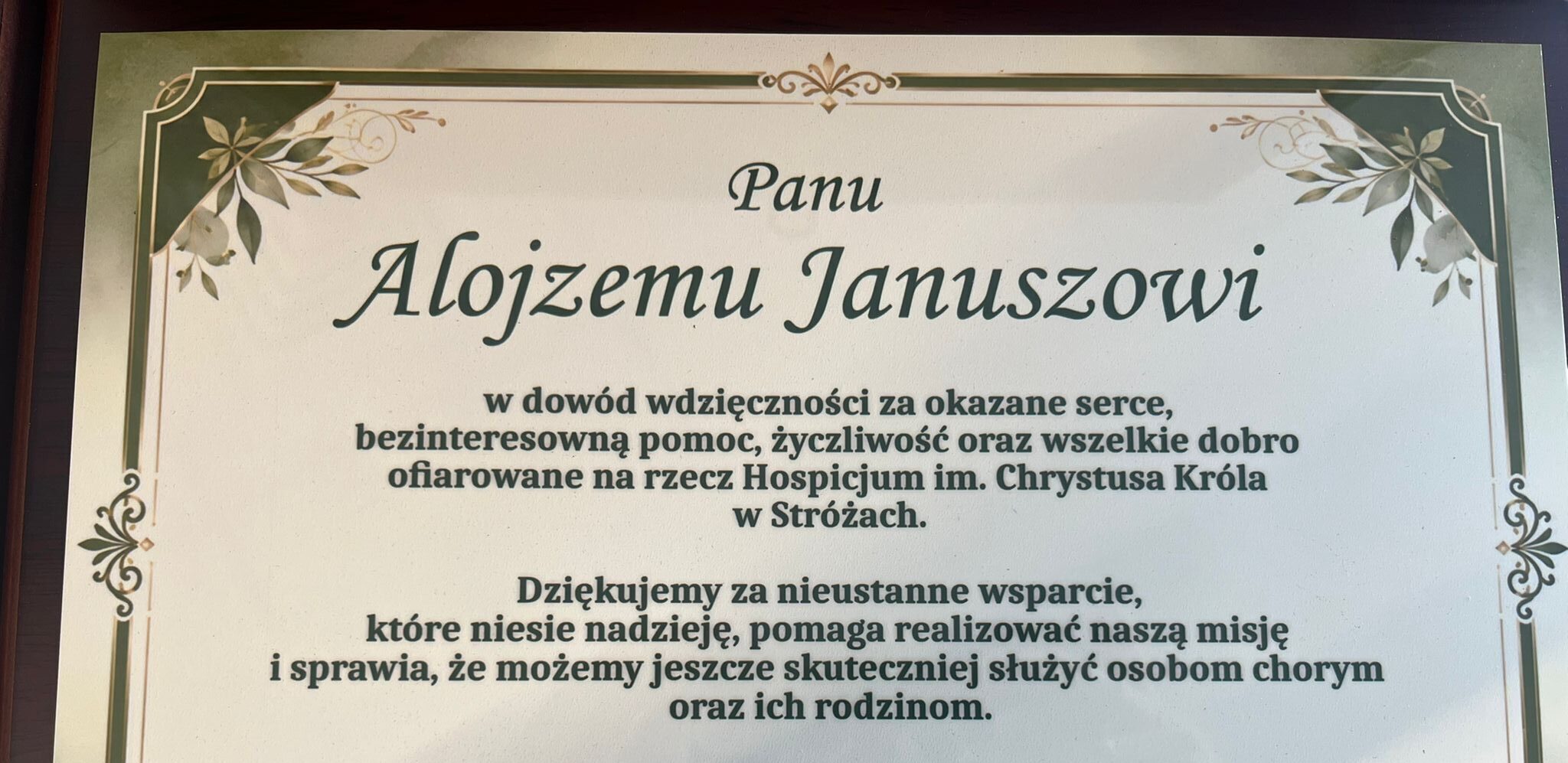 Podziękowanie za pomoc dla Alojzego Janusza